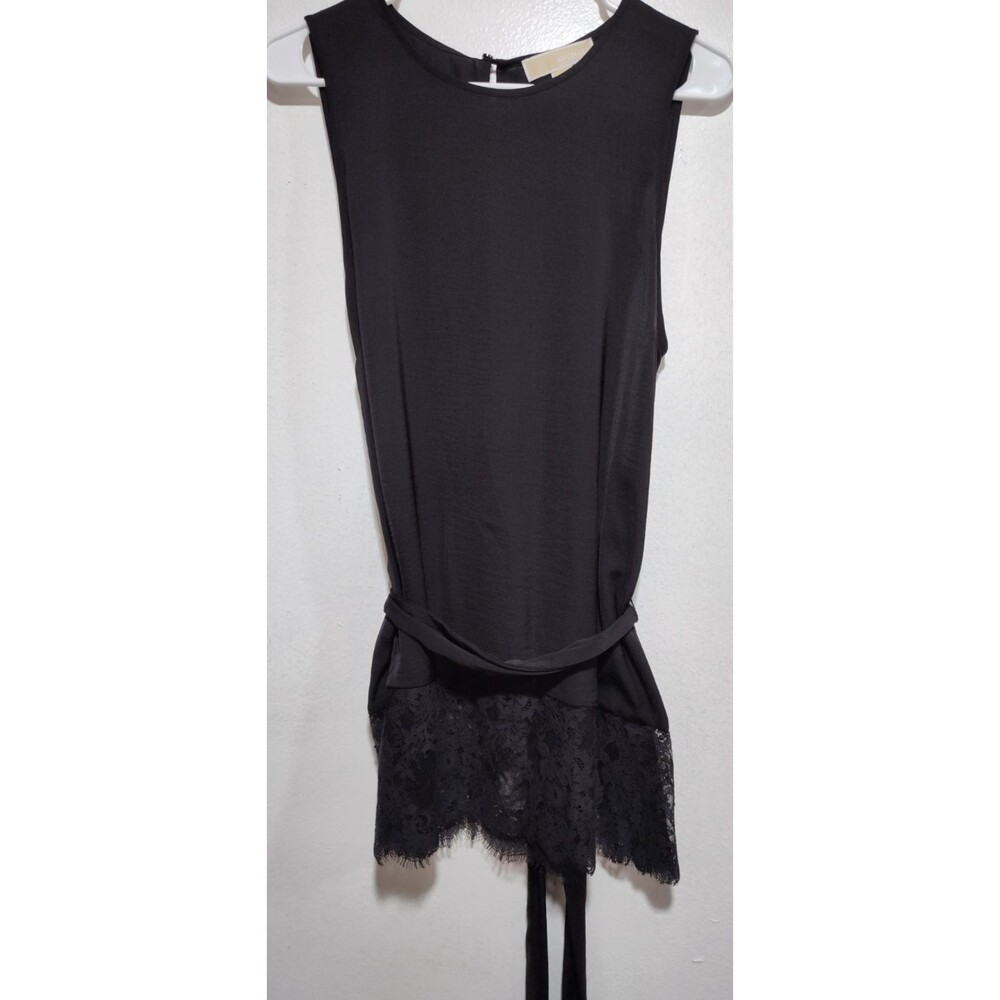 Michael Kors Women Black Polyester Sleeveless Top With Lace Trim Detail Size L
